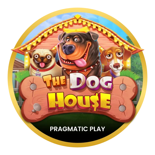 The original The Dog House artwork with three dogs outside their wooden kennel