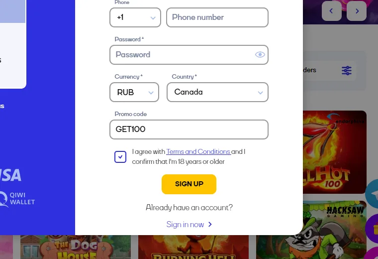 The promo code field on the Cat Casino registration form with GET100 typed in