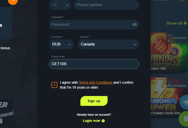 The promo code field on the Gama Casino registration form with GET100 typed in