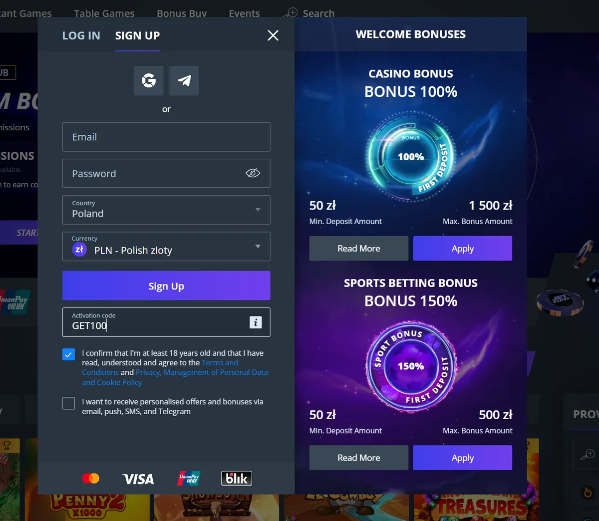 The promo code field on the Jet Casino registration form with GET100 typed in