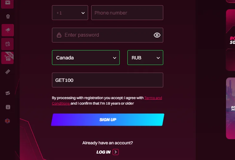 The promo code field on the Kent Casino registration form with GET100 typed in