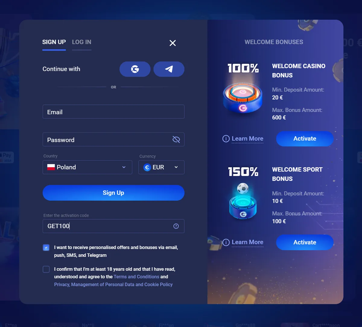 The promo code field on the Legzo Casino registration form with GET100 typed in