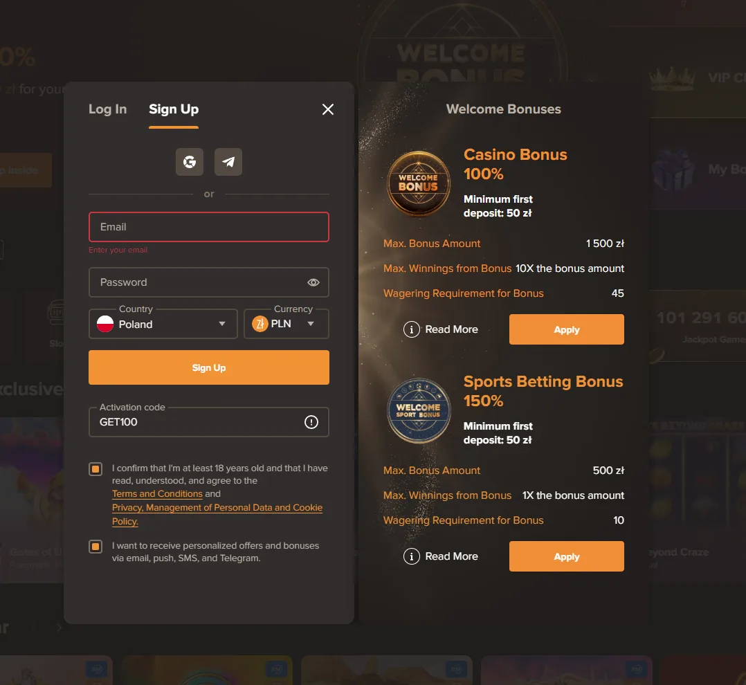 The promo code field on the Sol Casino registration form with GET100 typed in