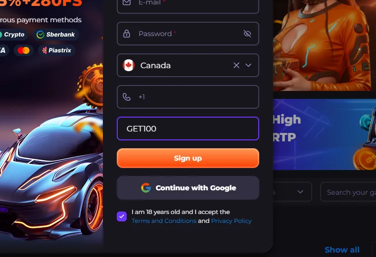 The promo code field on the Unlim Casino registration form with GET100 typed in