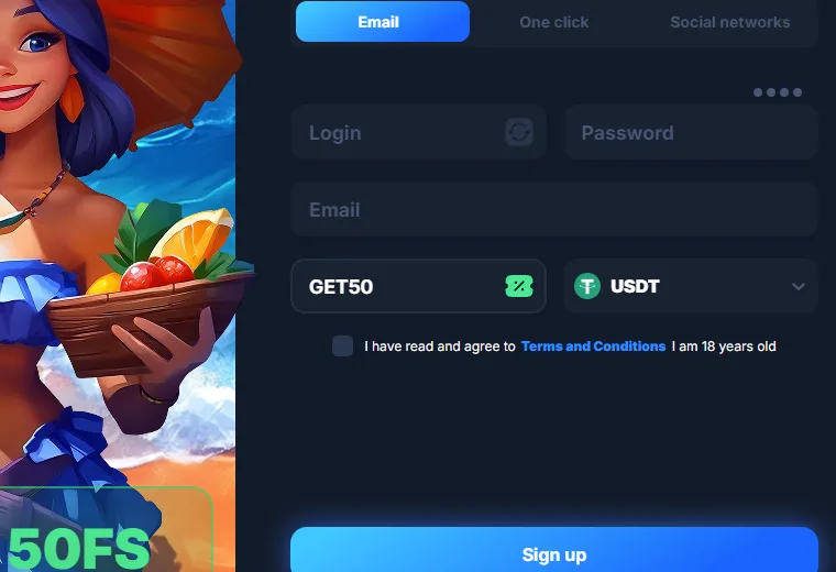 The promo code field on the Vodka Casino registration form with GET50 typed in
